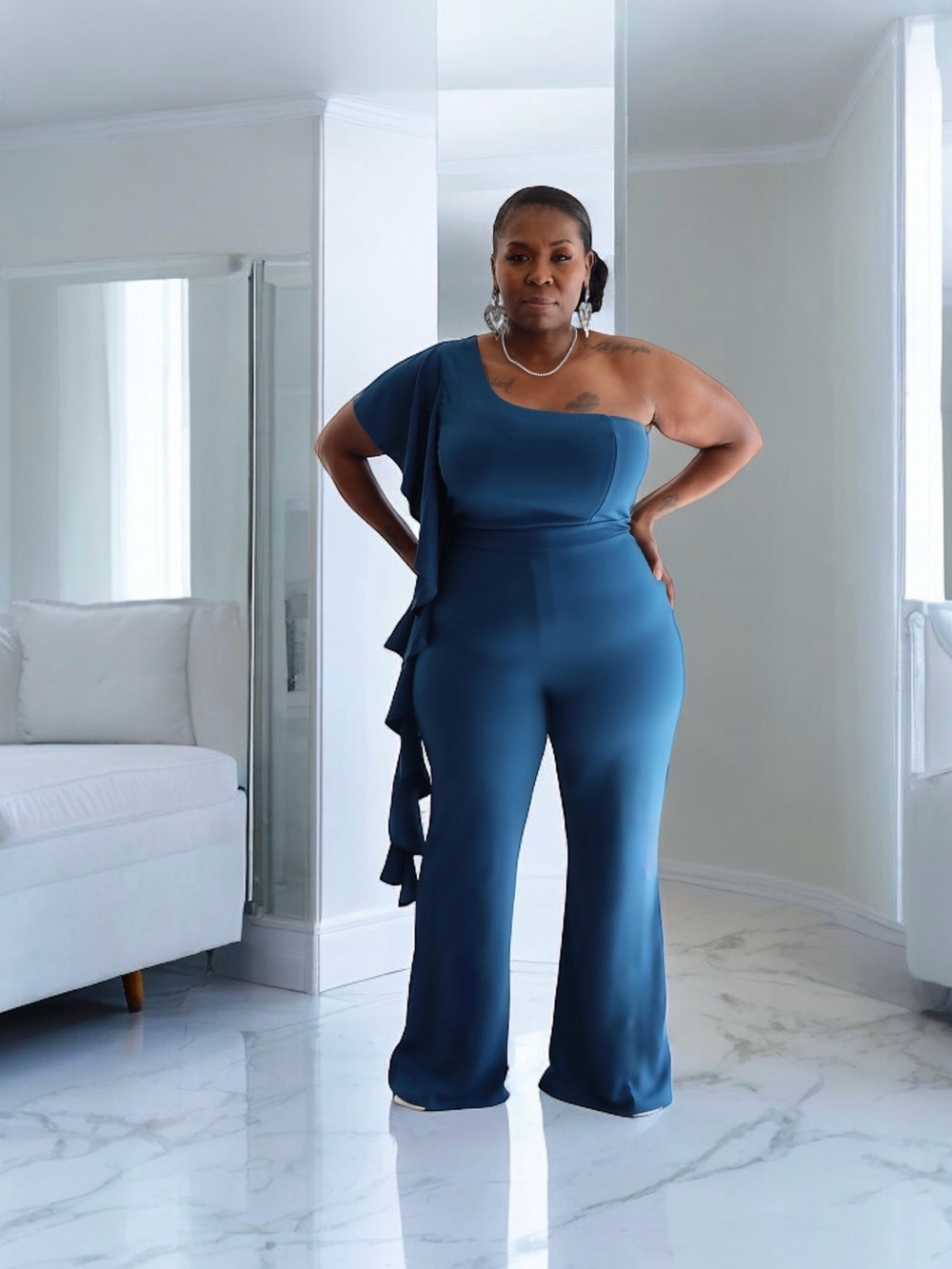 One-Shoulder Navy Jumpsuit with Ruffle Detail